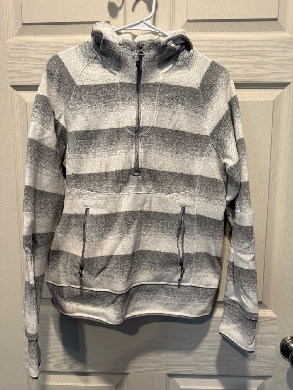 The North Face Striped Gray & White Half-Zip Hooded Sweater